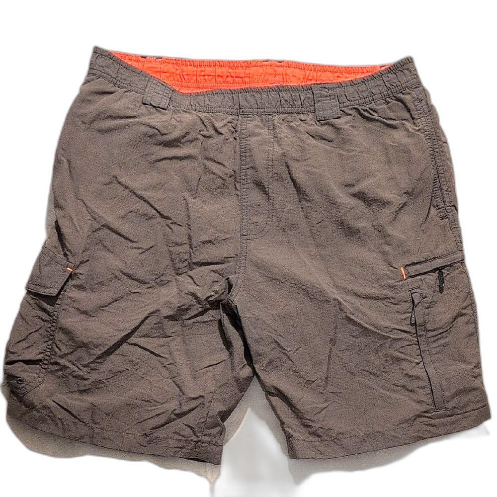 Eddie Bauer Men's Dark Gray Cargo Swim Trunks with Orange Accents